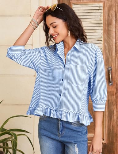 Flygo Womens Striped Button Down Shirts Cropped 3/4 Sleeve Ruffled Blouses - color: Blue, size: X-Large
