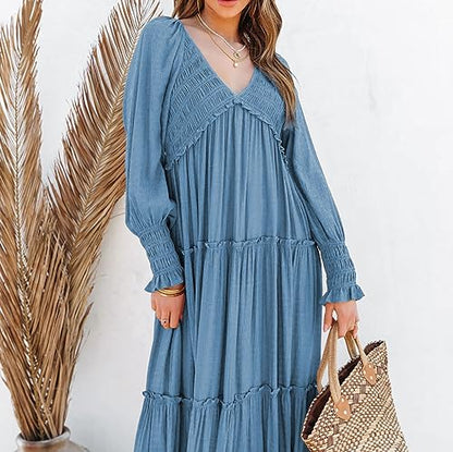 R.Vivimos Long Sleeve V Neck Flowy Maxi Dresses for Women - color: Blue, size: X-Large