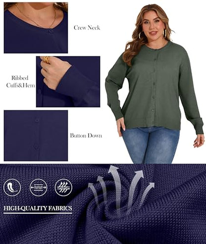 OLRIK Plus Size Long Sleeve Crewneck Cardigan Classic Fall Knit - color: Army Green, size: 4X