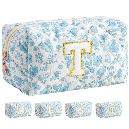 HBselect Personalized Makeup Bag for Women Initial Quilted Toiletry Bag - color: Blue Flower, size: T