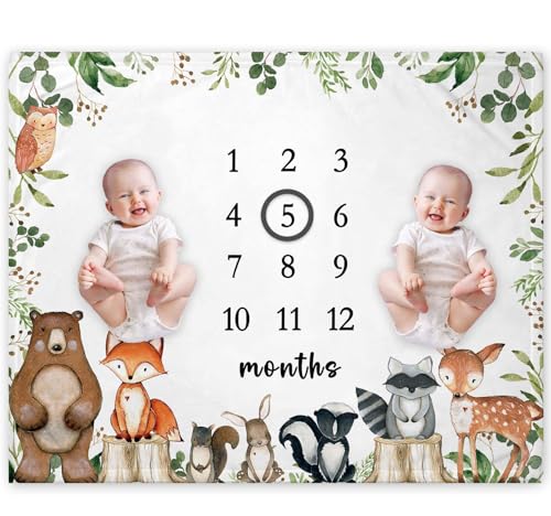 Twins Woodland Milestone Blanket Forest Animals Baby Growth Monthly Blanket - color: Twins