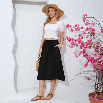 Witsmile Women's Summer Boho High Waist Pleated Flowy Midi Skirt - color: B-02 Black, size: Small