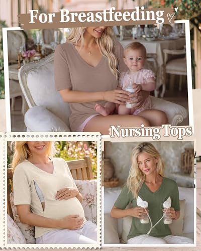 4 Pack Women Nursing Shirts Breastfeeding Tops - color: Light Camel, Coffee, Cream, Grey Green, size: Medium