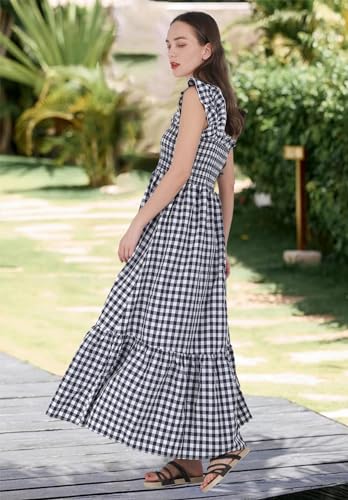 chouyatou Women's Retro Plaid Smocked Dress Spaghetti Strap Flounce Long Dress - color: Black, size: Medium