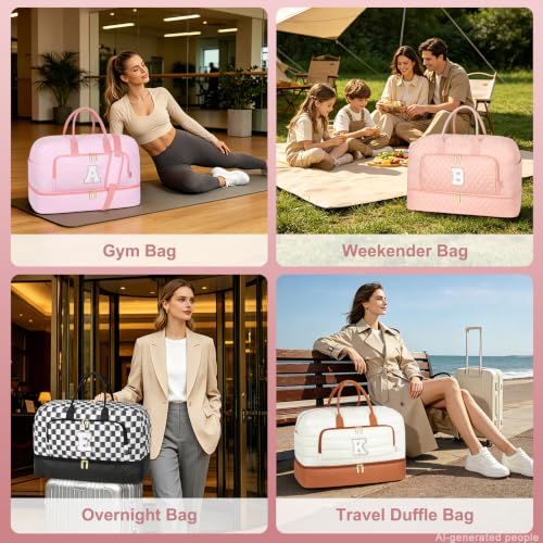 Graduation Gift for Her, Quilted Initial Travel Bag with Shoe Compartment - color: Pink Diamond Quilted, style: J