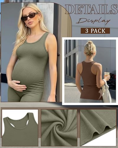 Locoowai 3 Pack Women's Maternity Tank Tops - color: Moss Green, Coffee, Black, size: Medium