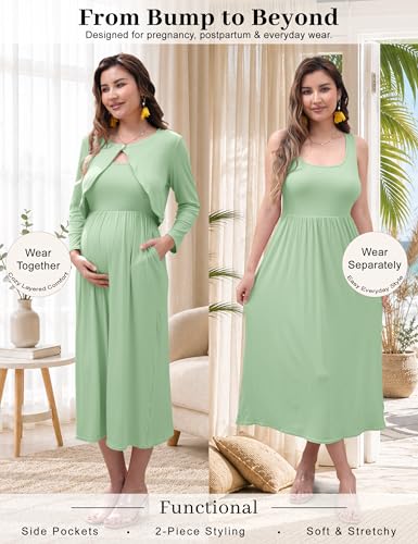 2 PCS Maternity Dress with Cardigan Set, Tank Maxi Pregnancy Dresses - color: Sage Green, size: Medium
