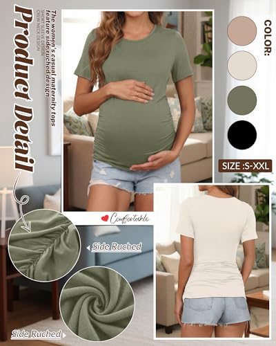 Huukeay 4 Pack Women's Short Sleeve Maternity Tops - color: Khaki, Cream, Army Green, Black, size: Medium