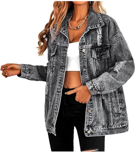 LifeShe Women's oversized Jean Jacket distressed denim Coat with Pockets - color: Black, size: XX-Large