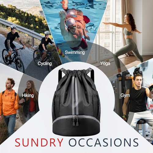 PinCute Gym Bag Drawstring Backpack for Sports, Swim, Workout, Black - color: Black
