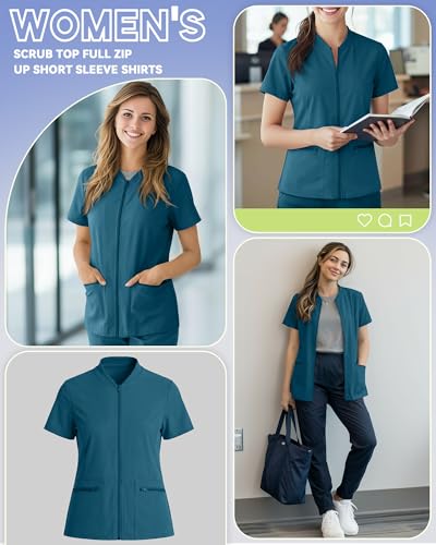 Oakgarden Womens Scrub Top Short Sleeve Nurse Shirts - color: Blue Green, size: Small