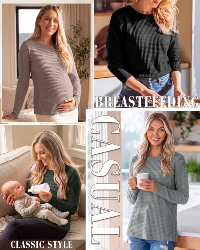 Locoowai 4 Pack Nursing Tops Waffle Knit Long Sleeve Shirts - color: Army Green, Light Brown, Light Gray, Black, size: Medium
