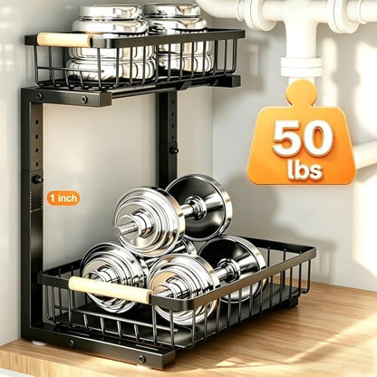 REALINN Under Sink Organizer, Adjustable 2 Tier Pull Out Kitchen Bathroom - color: Black, size: 1 Pack