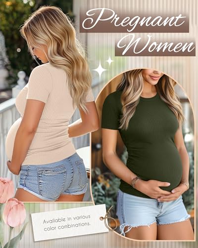 Ficerd 3 Pack Women's Short Sleeve Maternity Shirts - color: Coffee, Apricot, Army Green, size: Medium