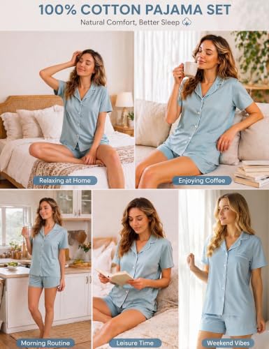 SWOMOG 100% Cotton Pajamas for Women Set, 2 Pieces Button Down Pjs Set, S-XXL - color: Blue, size: XX-Large