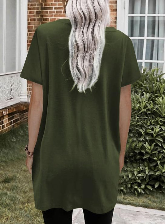Poetsky Summer Womens Tunic Tops for Leggings with Pockets Short Sleeve Casual Long T Shirts S-3XL - color: Olive Green, size: X-Large