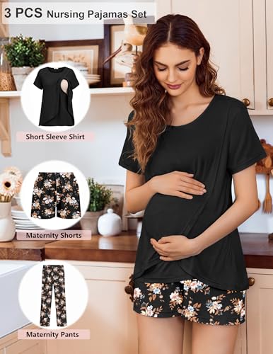 Ekouaer 3 PCS Maternity Nursing Pajamas Set Postpartum Breastfeeding PJS - color: Black Print, size: Medium