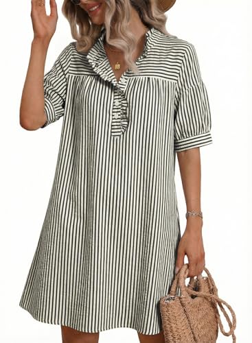 BLENCOT Summer Dresses for Women Puff Sleeve Striped Button Mini Dress - color: Black Stripe, size: X-Large