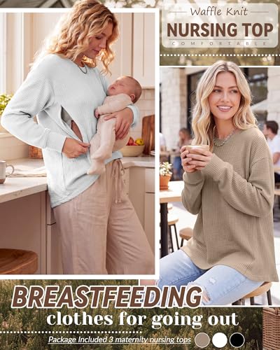 Oakgarden 3 Pack Women's Oversized Nursing Tops - color: Khaki, White, Black, size: Small