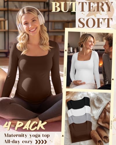 4 Pcs Womens Maternity Long Sleeve Square Neck Shirts - color: Brown, Light Mixed Gray, White, Black, size: Small
