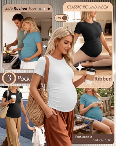 Ficerd 3 Pack Women's Short Sleeve Maternity Shirts - color: Black, White, Gray Blue, size: Small