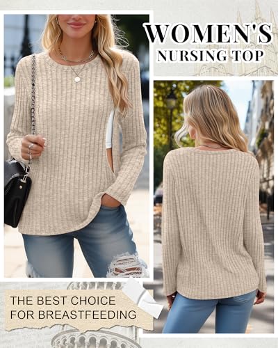 Womens Maternity Nursing Breastfeeding Ribbed Shirt - color: Apricot, size: Small