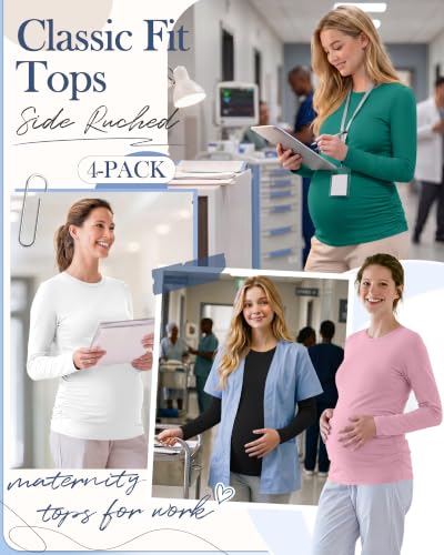 Locoowai 4 Pack Long Sleeve Maternity Underscrub Tops for Nurses - color: Black, White, Lake Green, Light Pink, size: Medium