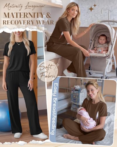 Ficerd 2 Pack Maternity Nursing Pajama Breastfeeding Sets Pjs - color: Brown, Black, size: X-Large