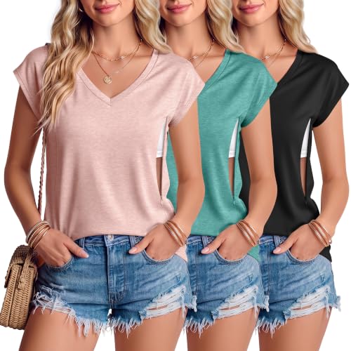 3 Pack Womens Nursing Tops V Neck - color: Light Pink, Blue Green, Black, size: Large