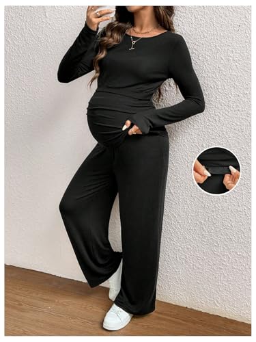 OYOANGLE Women's Maternity Sets 2 Piece Fall Long Sleeve Top and Pants Set - color: Black, size: Large