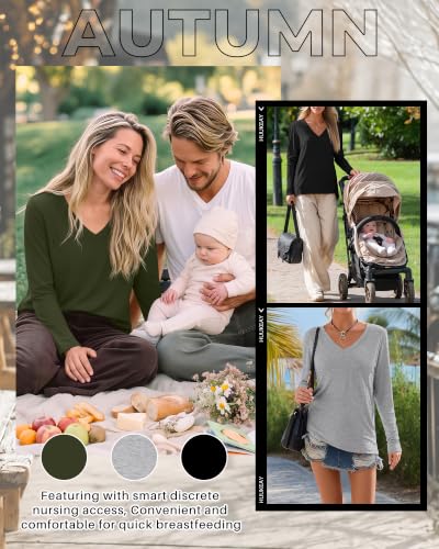 Huukeay 3 Pack Maternity Nursing Tops Breastfeeding Shirts - color: Black, Light Gray, Army Green, size: X-Large