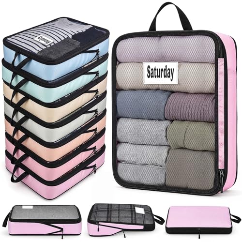 7 Pcs Packing Cubes for Travel Days of Week, Pastel, L - color: Pastel, size: L