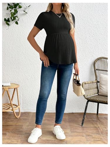 RoseSeek Women's Ribbed Knit Maternity T Shirt Short Sleeve Peplum Tops - color: Black, size: Medium