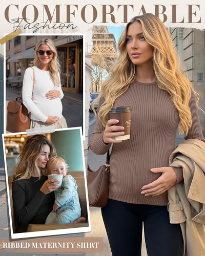 4 Pack Womens Ribbed Maternity Shirts Slim Fit Tops - color: Latte, Coffee, White, Black, size: Medium
