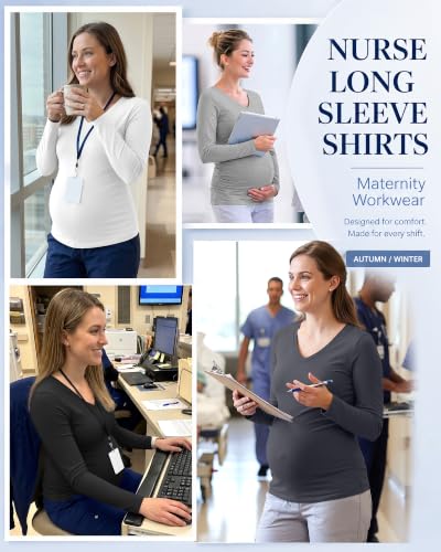 Neer 4 Pack Maternity Long Sleeve V Neck Under Scrub Tops - color: Black, White, Dark Gray, Light Heather Gray, size: Medium