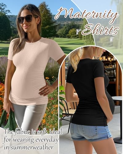 Neer 4 Pack Women's Maternity Cotton Ribbed Shirts - color: Black, Coffee, Khaki, Apricot, size: Medium