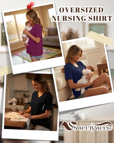 3 Pack Women's Oversize Nursing Shirts - color: Fuchsia, Navy Blue, Black, size: X-Large