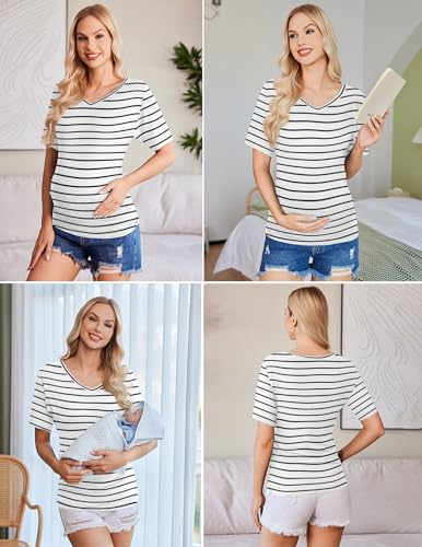Ekouaer 3 Pack Maternity Shirts V Neck Pregnancy Tops Tunic Blouse Summer - color: Black/Grey/Stripe, size: Small