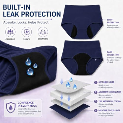 Period Underwear for Women, Leak Proof Menstrual Panties Multi-pack, High Waisted Cotton Full Coverage Briefs - color: Everyday Basics 3-pack, size: Large