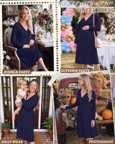 Locoowai Maternity Wrap Long Sleeve Dress V Neck Fall Dress - color: Navy Blue, size: Small