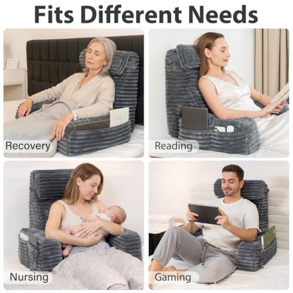 ENITYA 22" XL Back Pillow for Bed Sitting Up with Armrests & Big Pockets - color: Dark Grey, size: XL(5'3"-5'11")