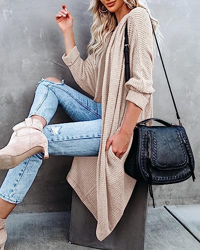 Womens Open Front Knit Cardigan Long Batwing Sleeve Oversized Sweater Chunky Waffle Cable Boho Pockets Coat - color: Beige, size: Small