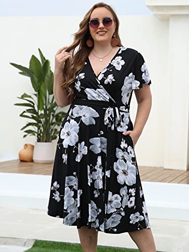 kissmay Plus Size Womens V Neck Floral Cocktail Party Midi Dresses - color: Black/White, size: 22 Plus