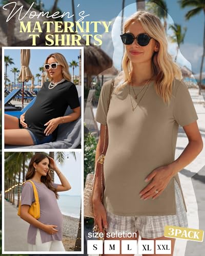 Ficerd 3 Pack Women's Maternity T Shirts - color: Black, Khaki, Gray Purple, size: Medium