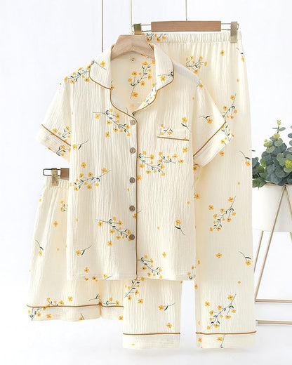 codcm Womens 3pcs Cotton Pajamas Set Short Sleeve Sleepwear Fruit Print Cute Pj Set with Long Pants - color: Flower, size: Medium