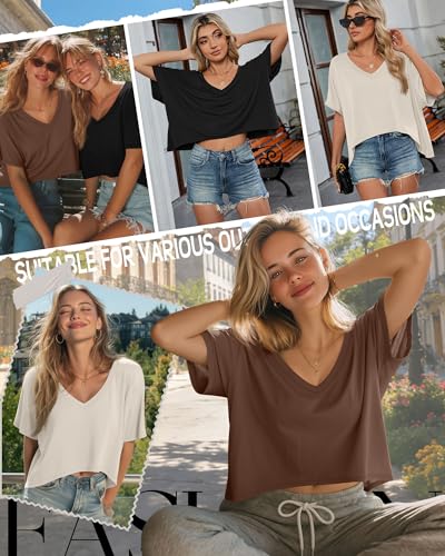 Huukeay 3 Pack Women's Oversized V Neck T Shirts - color: Cream, Coffee, Black, size: Medium