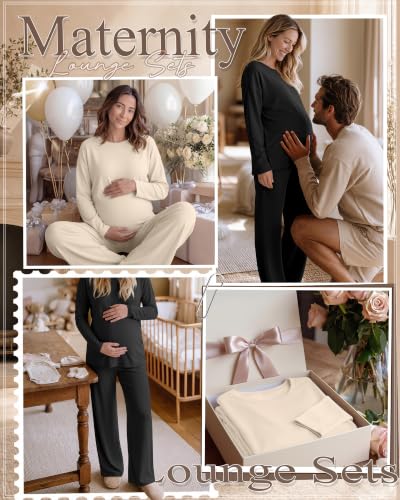 Huukeay 2 Pack Maternity Long Sleeve Pajamas Sets - color: Apricot, Black, size: Medium