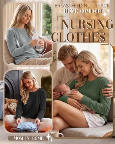 Neer 3 Pack Women's Nursing Hidden Zipper Long Sleeve Shirts - color: Light Gray, Light Green, Black, size: X-Large