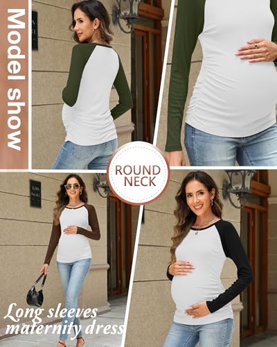 Neer 3 Pack Maternity Long Sleeve Shirts Ribbed Pregnancy Tops - color: Black, Coffee, Army Green, size: Medium