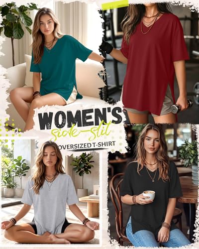 4 Pack Women's Oversized V Neck Shirts - color: Black, Gray, Wine Red, Dark Teal, size: X-Large